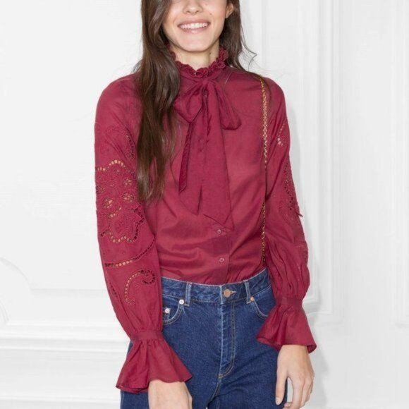 & Other Stories Tie Detail Blouse Ruffle Embroider - Picture 2 of 9